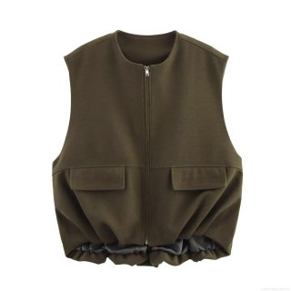 Women's Casual Zipper Vest 100% Polyester Sleeveless Jacket With Flap Pockets Round Neck Loose Waistcoat For Spring Autumn Daily Retro Style Outerwear