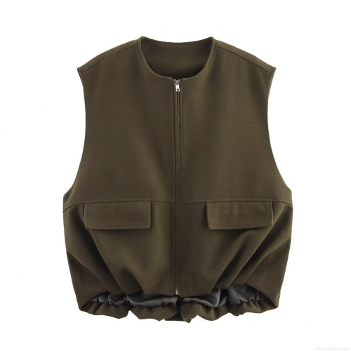 Women's Casual Zipper Vest 100% Polyester Sleeveless Jacket With Flap Pockets Round Neck Loose Waistcoat For Spring Autumn Daily Retro Style Outerwear