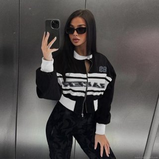 Women's Racing Jacket Contrast Color Letter Print Cropped Bomber Jacket Stand Collar Long Sleeve Streetwear Zip Up Windbreaker Coat Outwear