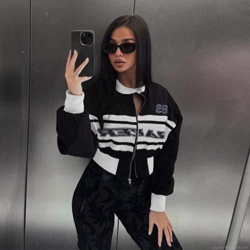 Women's Racing Jacket Contrast Color Letter Print Cropped Bomber Jacket Stand Collar Long Sleeve Streetwear Zip Up Windbreaker Coat Outwear