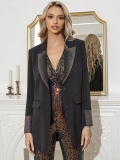 Women's Fashion Slim Fit Blazer Long Sleeve Rhinestone Sequin Patchwork Jacket Elegant Evening Party Office Lady Suit Coat Black