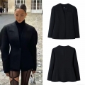 Women's Elegant V-Neck Puff Sleeve Black Blazer Jacket Office Lady Loose Single Breasted Polyester Outerwear For Casual Daily Wear