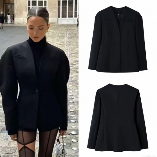Women's Elegant V-Neck Puff Sleeve Black Blazer Jacket Office Lady Loose Single Breasted Polyester Outerwear For Casual Daily Wear
