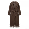 Women's Long Woolen Overcoat With Fringe Tassel Trim Elegant Solid Coffee Trench Coat Plus Size Belted Jacket For Autumn Winter Ladies Clothing