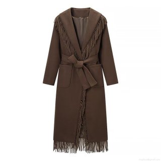 Women's Long Woolen Overcoat With Fringe Tassel Trim Elegant Solid Coffee Trench Coat Plus Size Belted Jacket For Autumn Winter Ladies Clothing