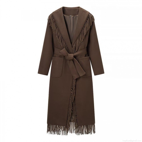 Women's Long Woolen Overcoat With Fringe Tassel Trim Elegant Solid Coffee Trench Coat Plus Size Belted Jacket For Autumn Winter Ladies Clothing
