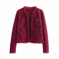 Elegant Women's Wine Red Tweed Jacket Round Neck Single Breasted Socialite Long Sleeve Outerwear With Tassel Fringe Pockets For Lady Autumn Winter