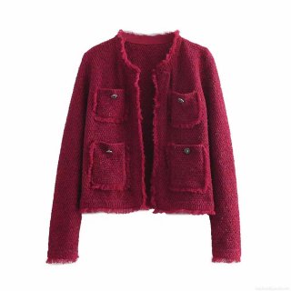 Elegant Women's Wine Red Tweed Jacket Round Neck Single Breasted Socialite Long Sleeve Outerwear With Tassel Fringe Pockets For Lady Autumn Winter