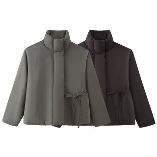 Women's Winter Short Padded Jacket Cotton Polyester Stand Collar Long Sleeve Side Tie Waist Solid Color Casual Quilted Puffer Coat Warm Outerwear