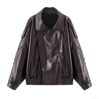 Women's Fashion Loose PU Leather Jacket Vintage Dark Brown Long Sleeve Lapel Outerwear With Belt And Pockets Casual British Style Windbreaker Coat For Women Streetwear