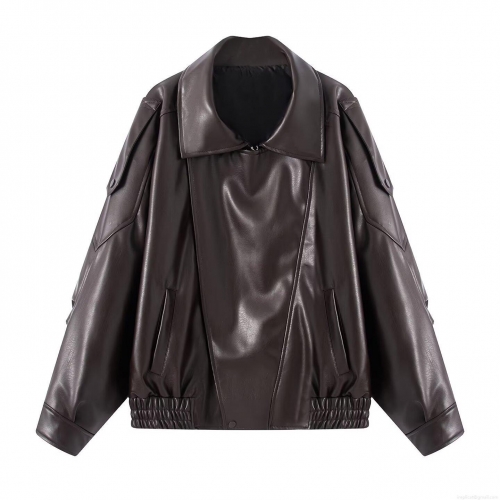 Women's Fashion Loose PU Leather Jacket Vintage Dark Brown Long Sleeve Lapel Outerwear With Belt And Pockets Casual British Style Windbreaker Coat For Women Streetwear