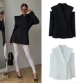 Women's Cutout Shoulder Blazer Long Sleeve Slim Fit Solid Color Office Jacket Elegant Commuter Style Single Breasted Hollow Out Suit Coat For Women