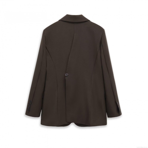 Elegant Women's Notched Lapel Blazer Jacket 100% Polyester Single Button Slim Fit Suit Coat With Back Slit Office Lady Work Outerwear Solid Coffee