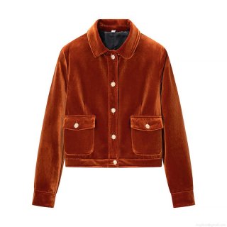 Women's Fashion Velvet Jacket Short Caramel Brown Lapel Outerwear Single Breasted Metal Button Long Sleeve Casual Coat For Ladies