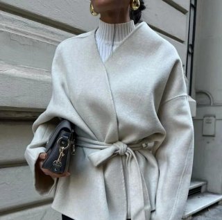 Women's French Style Woolen Feel Jacket Loose Casual Outerwear With Tie Belt Solid Color Lapel Long Sleeve Coat For Autumn Winter Streetwear Lady