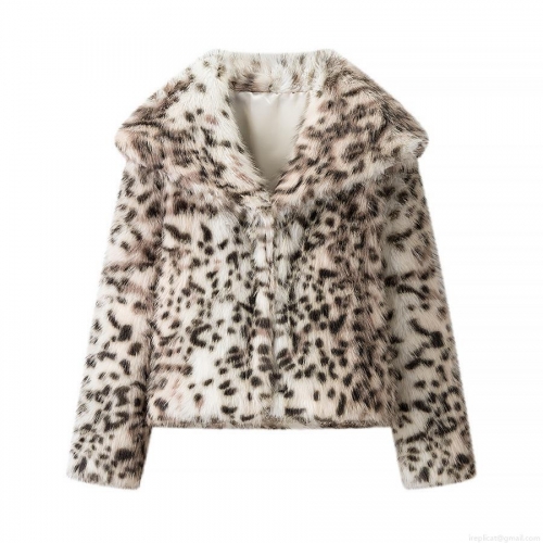 Leopard Print Faux Fur Jacket Women Vintage Lapel Long Sleeve Short Coat Fashion Warm Outerwear Casual Streetwear Sexy Party Autumn Winter
