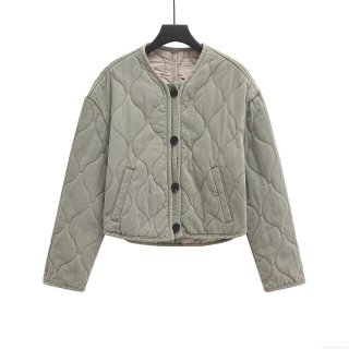 Women's Casual Quilted Jacket Lightweight Sage Green Round Neck Long Sleeve Puffer Coat Solid Color Button Up Outerwear For Winter Fall