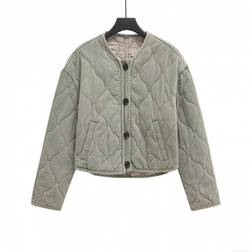 Women's Casual Quilted Jacket Lightweight Sage Green Round Neck Long Sleeve Puffer Coat Solid Color Button Up Outerwear For Winter Fall