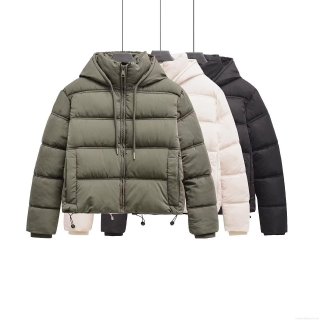 Women's Hooded Puffer Jacket Short Quilted Cotton Padded Coat With Adjustable Drawstring Hem Windproof Cuffs Casual Warm Winter Outerwear