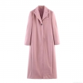 Women's Long Overcoat Elegant Polyester Woolen Feel Slim Fit Lapel Outerwear Pink Winter Autumn Fashion Streetwear Casual Ladies Trench Coat