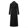 Women's Casual Long Woolen Coat Elegant Single Breasted Lapel Overcoat Solid Black Windbreaker Jacket For Autumn Winter Ladies