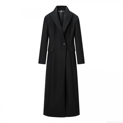 Women's Casual Long Woolen Coat Elegant Single Breasted Lapel Overcoat Solid Black Windbreaker Jacket For Autumn Winter Ladies