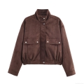 Women's Fashion Faux Suede Jacket Loose Fit Standing Collar Multi Pocket Elastic Hem Snap Button Polyester Short Coat Streetwear For Women Daily Casual Wear