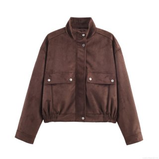 Women's Fashion Faux Suede Jacket Loose Fit Standing Collar Multi Pocket Elastic Hem Snap Button Polyester Short Coat Streetwear For Women Daily Casual Wear