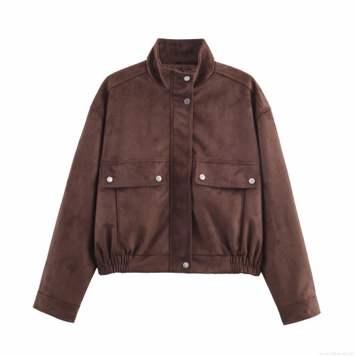 Women's Fashion Faux Suede Jacket Loose Fit Standing Collar Multi Pocket Elastic Hem Snap Button Polyester Short Coat Streetwear For Women Daily Casual Wear