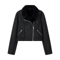 Women's Fashion Faux Suede Biker Jacket With Black Faux Fur Lining Warm Thick Short Coat Lapel Zip Up Outerwear For Winter Fall Ladies Casual Solid Color Epaulette Detail Jacket