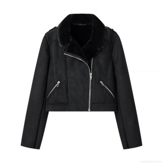 Women's Fashion Faux Suede Biker Jacket With Black Faux Fur Lining Warm Thick Short Coat Lapel Zip Up Outerwear For Winter Fall Ladies Casual Solid Color Epaulette Detail Jacket