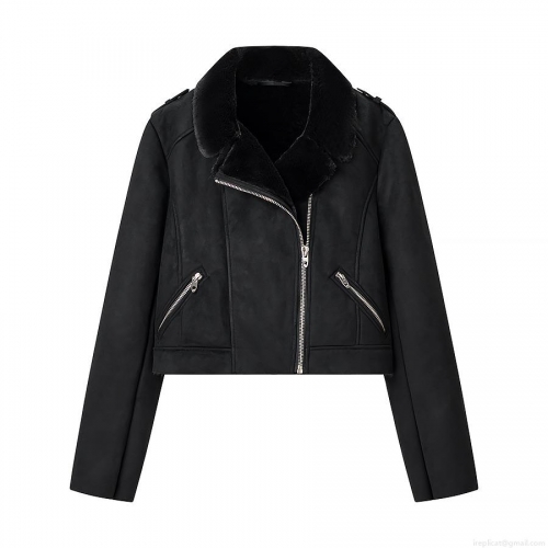 Women's Fashion Faux Suede Biker Jacket With Black Faux Fur Lining Warm Thick Short Coat Lapel Zip Up Outerwear For Winter Fall Ladies Casual Solid Color Epaulette Detail Jacket