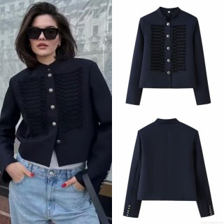 Women's Military Style Jacket Retro Braided Button Short Blazer Elegant Single-Breasted Long Sleeve Polyester Outerwear For Commuting Casual Party
