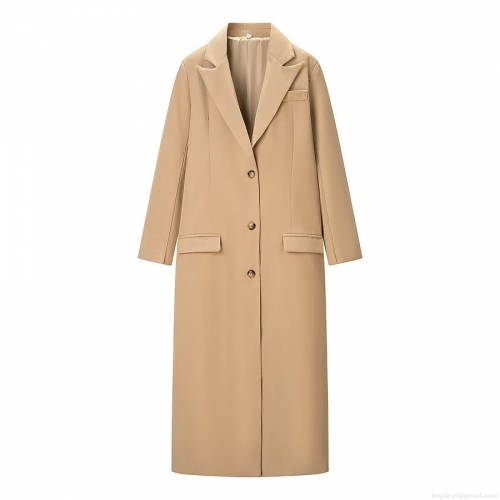 Women Long Woolen Blend Coat Elegant Notch Lapel Single Breasted Commute Trench Coat Jacket With Pockets Solid Color Khaki Outerwear