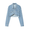 Women's Fashion Short Denim Jacket Long Sleeve Lapel Frayed Hem Light Blue Cotton Blend Jean Coat Casual Crop Outwear For Women