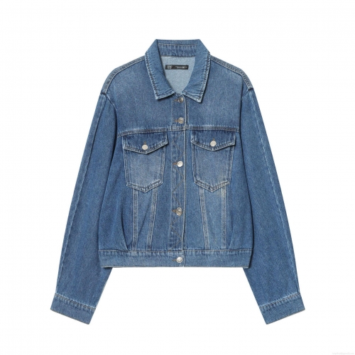 Women's Casual Long Sleeve Denim Jacket Washed Cotton Blend Button Down Outerwear With Chest Pockets Lapel Jean Coat For Daily Fashion Spring Autumn Wear