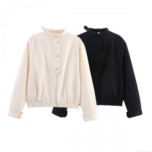 Women's Casual Polyester Solid Color Stand Collar Jacket With Button Decoration Zip Up Long Sleeve Outerwear For Daily Spring Autumn Women