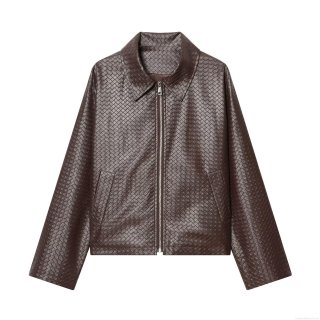 Women's Woven Texture PU Leather Jacket Short Intrecciato Design Turn-down Collar Silver Zipper Long Sleeve Streetwear Casual Outwear Polyester Lining