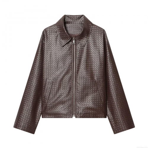 Women's Woven Texture PU Leather Jacket Short Intrecciato Design Turn-down Collar Silver Zipper Long Sleeve Streetwear Casual Outwear Polyester Lining