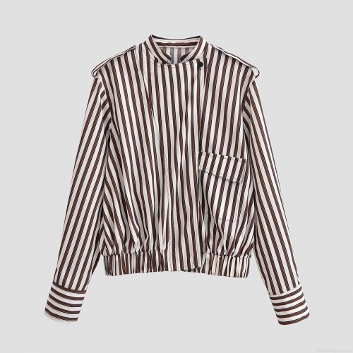 Women's Striped Bomber Jacket 100% Polyester Loose Fit Pilot Coat With Zipper Pocket Casual Streetwear Long Sleeve Outerwear For Women