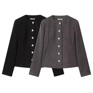 Women's Elegant Tweed Short Jacket Round Neck Slim Fit Blazer With Golden Buttons Long Sleeve Chanel Style Outerwear For Lady Party Office