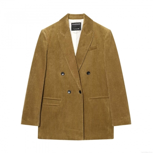 Women's Retro Corduroy Blazer Double Breasted Elegant Solid Color Notched Lapel Casual Long Sleeve Suit Jacket Outerwear Coat