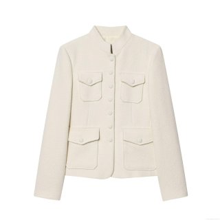 Women's Elegant Tweed Blazer Jacket Stand Collar Single Breasted With Four Flap Pockets Cream Beige 100% Polyester Long Sleeve Suit Outerwear For Women Office Casual