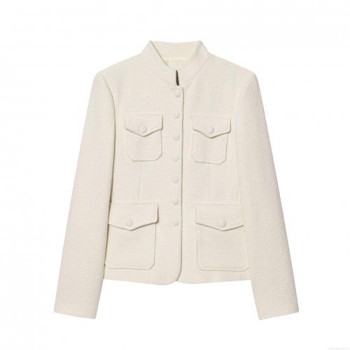 Women's Elegant Tweed Blazer Jacket Stand Collar Single Breasted With Four Flap Pockets Cream Beige 100% Polyester Long Sleeve Suit Outerwear For Women Office Casual