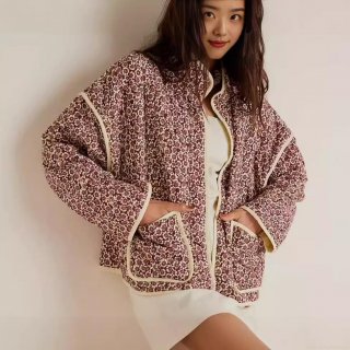 French Retro Floral Printed Quilted Jacket Women Vintage Lightweight Cotton Padded Coat Casual Loose Long Sleeve Printed Outerwear For Spring Autumn