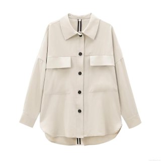 Women's Long Sleeve Shirt Jacket Nylon Cotton Twill Double Pockets Button Down Loose Fit Casual Workwear Style Solid Khaki Outerwear For Daily Wear