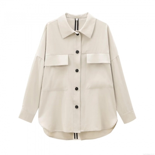 Women's Long Sleeve Shirt Jacket Nylon Cotton Twill Double Pockets Button Down Loose Fit Casual Workwear Style Solid Khaki Outerwear For Daily Wear