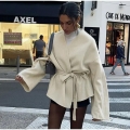 Women's Elegant V-Neck Woolen Look Coat 100% Polyester Loose Fit Long Sleeve Tie-Waist Wrap Jacket Minimalist Outerwear for Fall Winter