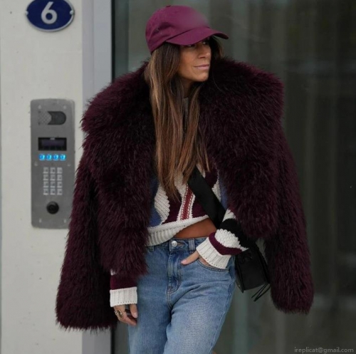 Women's Fashion Faux Fur Coat Elegant Lapel Plush Short Jacket Warm Autumn Winter Polyester Outerwear Streetwear For Women Wine Red