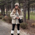 Women's Faux Fur Sherpa Lamb Wool Jacket Contrast Piping Round Neck Single Breasted Toggle Coat Warm Winter Outerwear Casual Streetwear